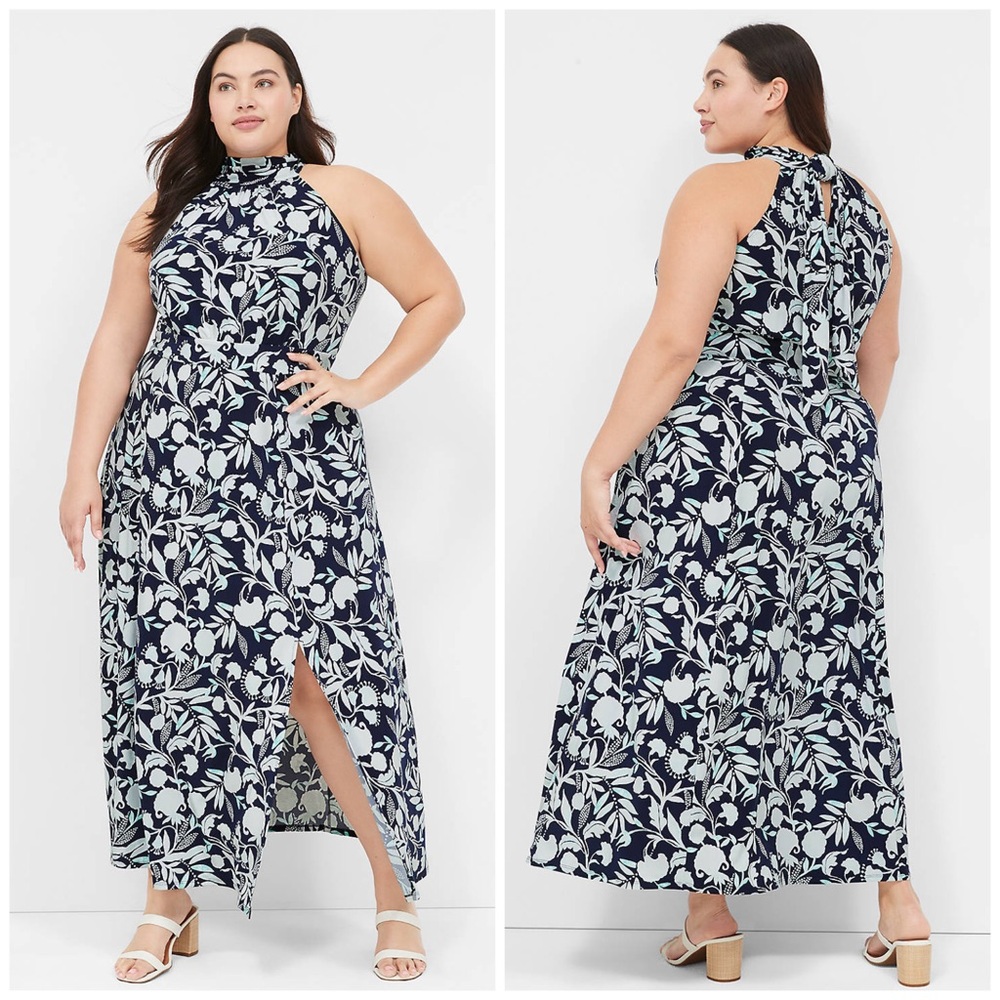 Lane Bryant Halter Tie-Neck Maxi Dress Navy Floral Print Size 22/24